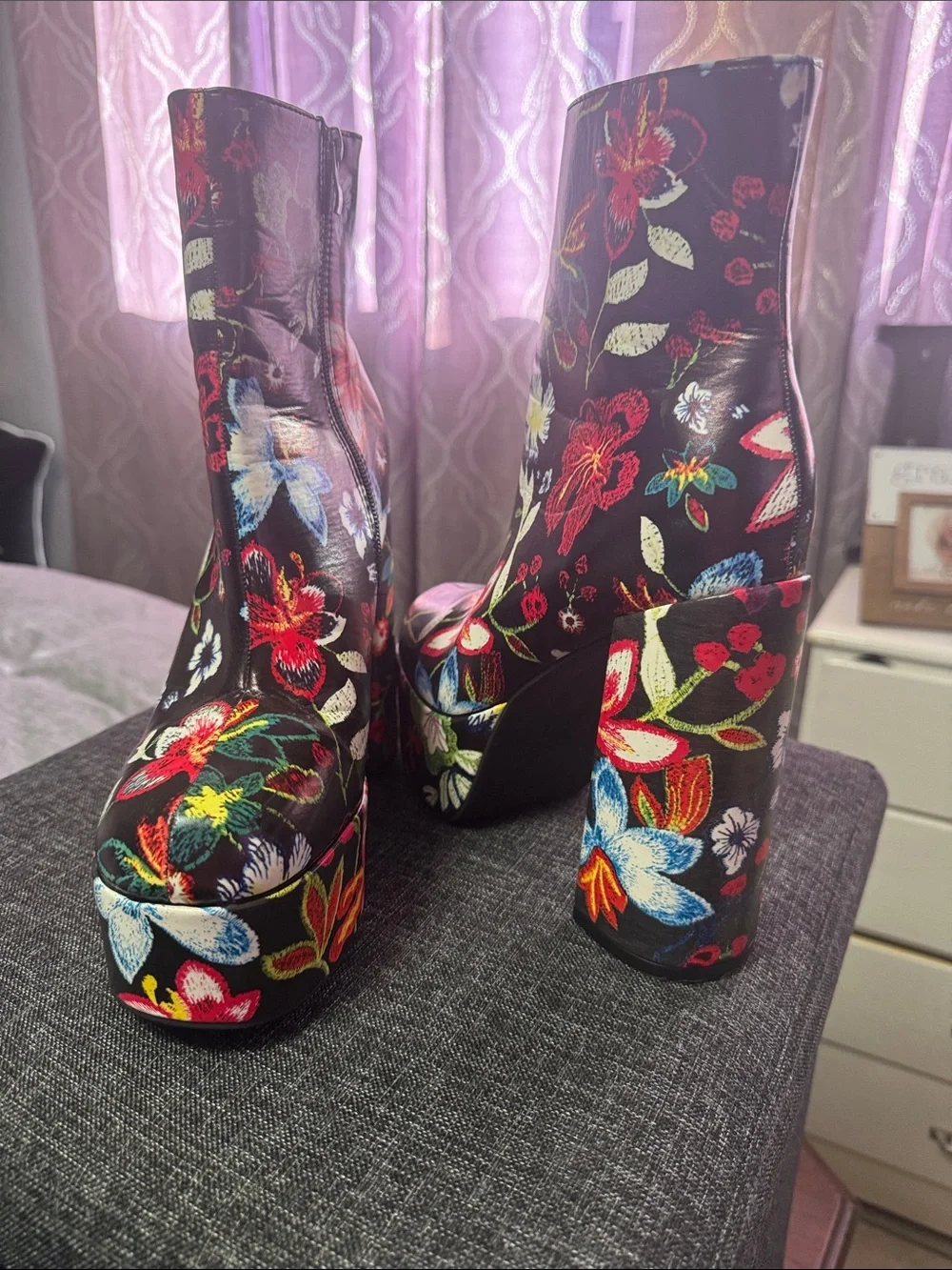 Bold Floral Embroidered Platform Ankle Boots - Multicolor